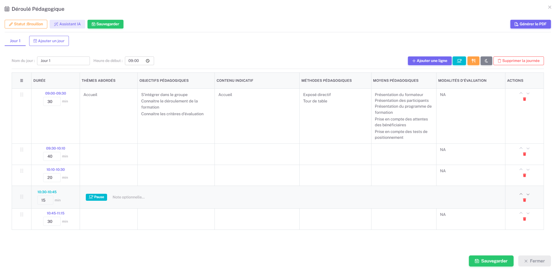 Interface Redof : tableau de déroulé pédagogique avec colonnes objectifs, contenus, méthodes, évaluations